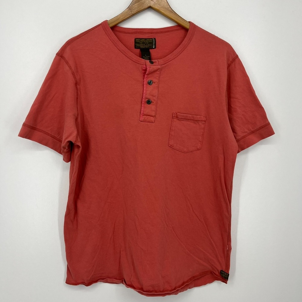 Lucky Brand Henley Pocket T-Shirt Men's Size L Coral‎ Orange Cotton Short Sleeve